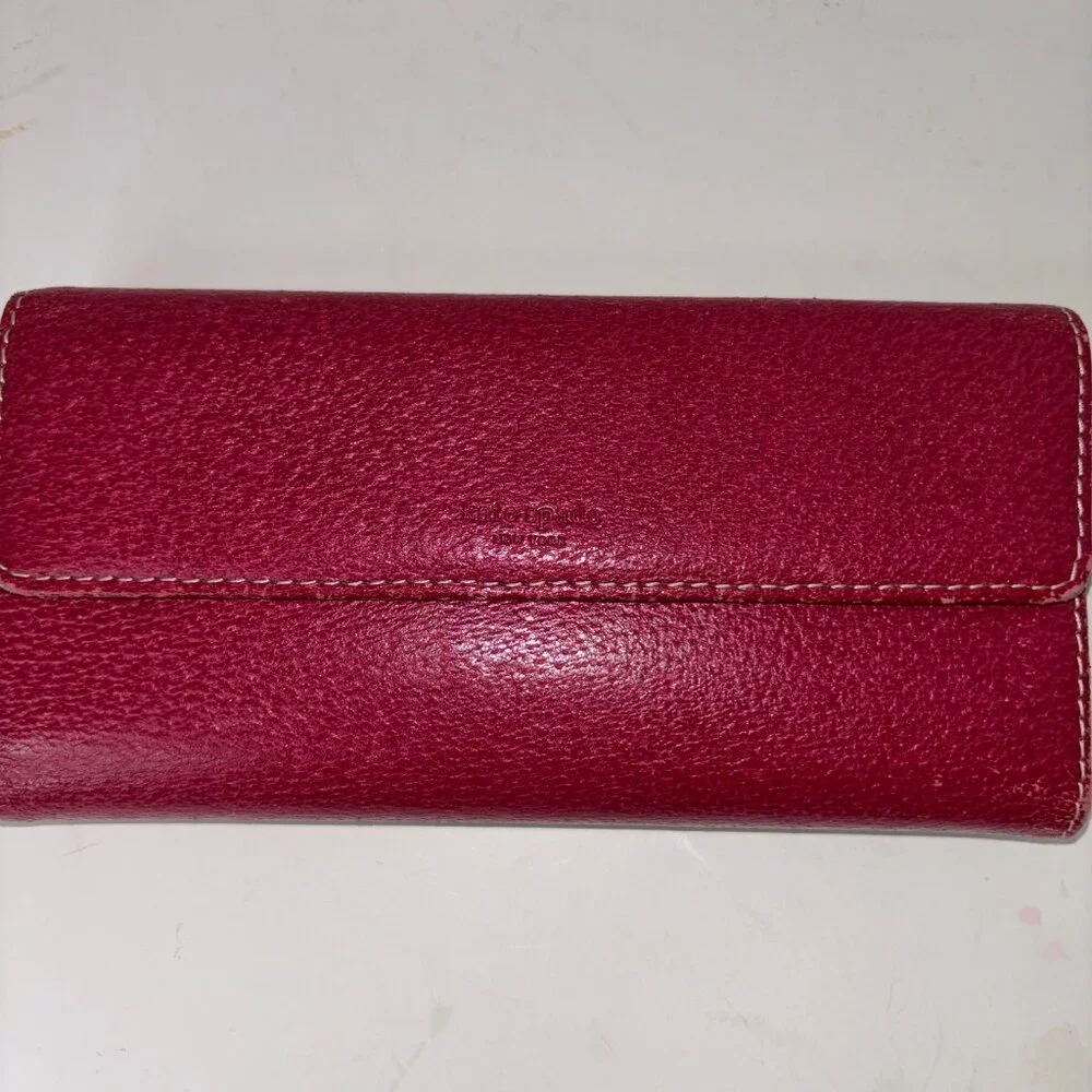 Kate Spade New York Vintage Trifold Large Red Leather Wallet with Checkbook